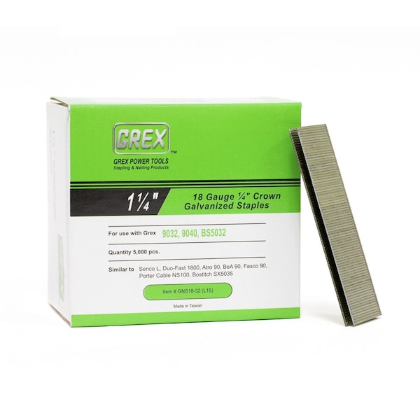 Grex Power Tools Staples, 18 ga, Wide Crown, 1-1/4 in Leg L, Steel, 5000 PK GNS18-32 (L15) - main